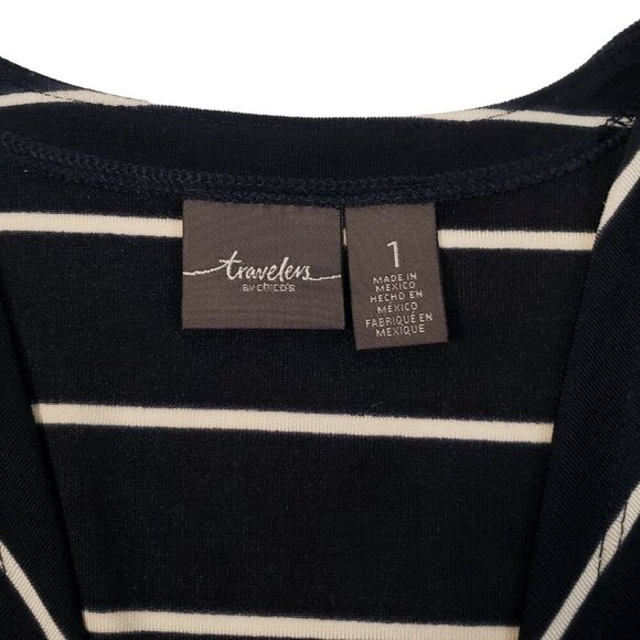 Travelers by Chicos Long Cardigan Duster Geo Stripe Slinky Navy Blue Size 1 M/8 - Picture 6 of 8